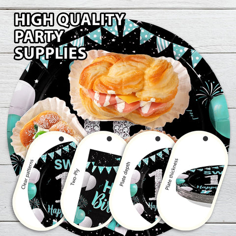 96 Pcs Teal Blue Black 16th Birthday Party Plates and Napkins