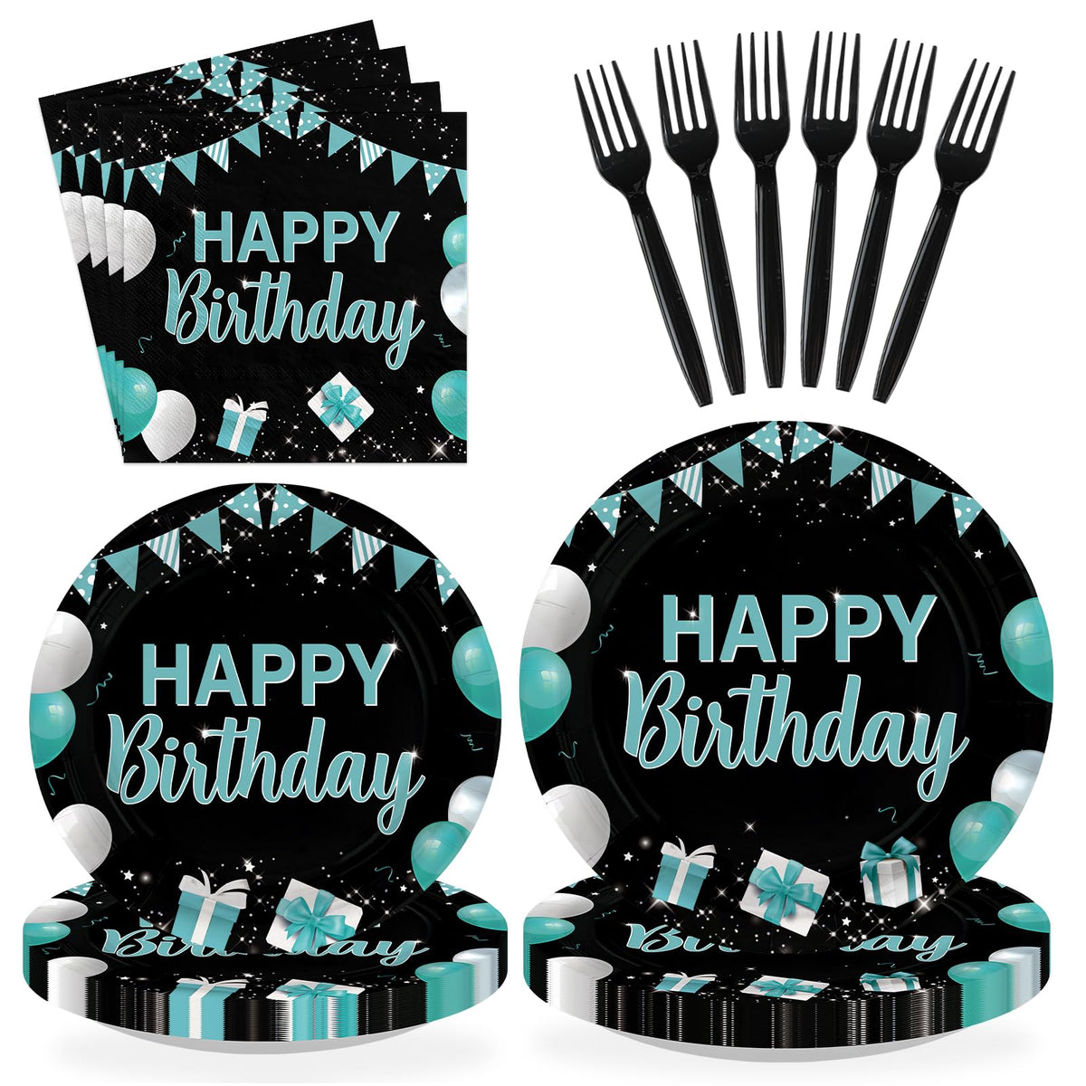 96 Pcs Teal Blue Black Birthday Party Plates and Napkins