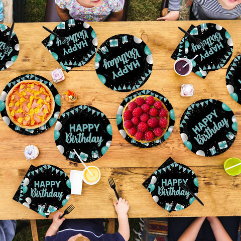 96 Pcs Teal Blue Black Birthday Party Plates and Napkins