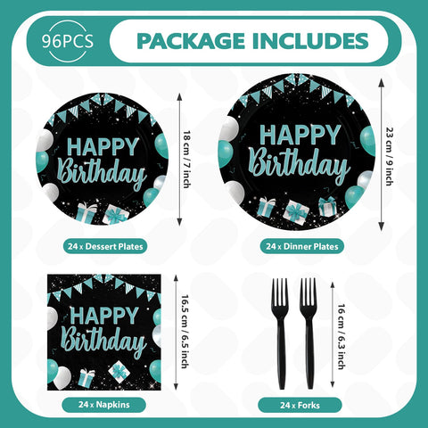 96 Pcs Teal Blue Black Birthday Party Plates and Napkins