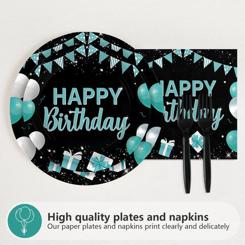 96 Pcs Teal Blue Black Birthday Party Plates and Napkins