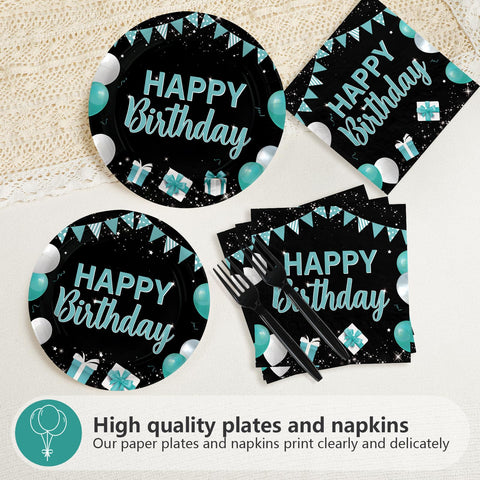 96 Pcs Teal Blue Black Birthday Party Plates and Napkins