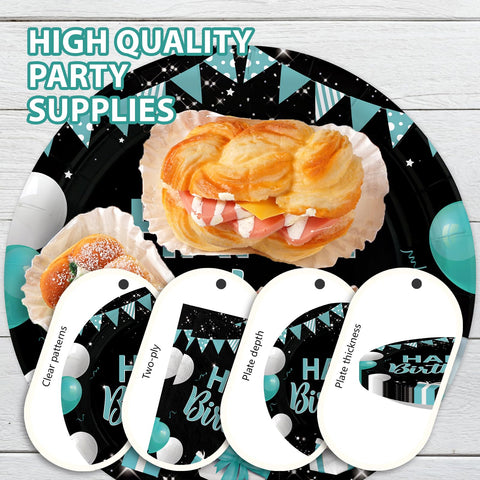 96 Pcs Teal Blue Black Birthday Party Plates and Napkins