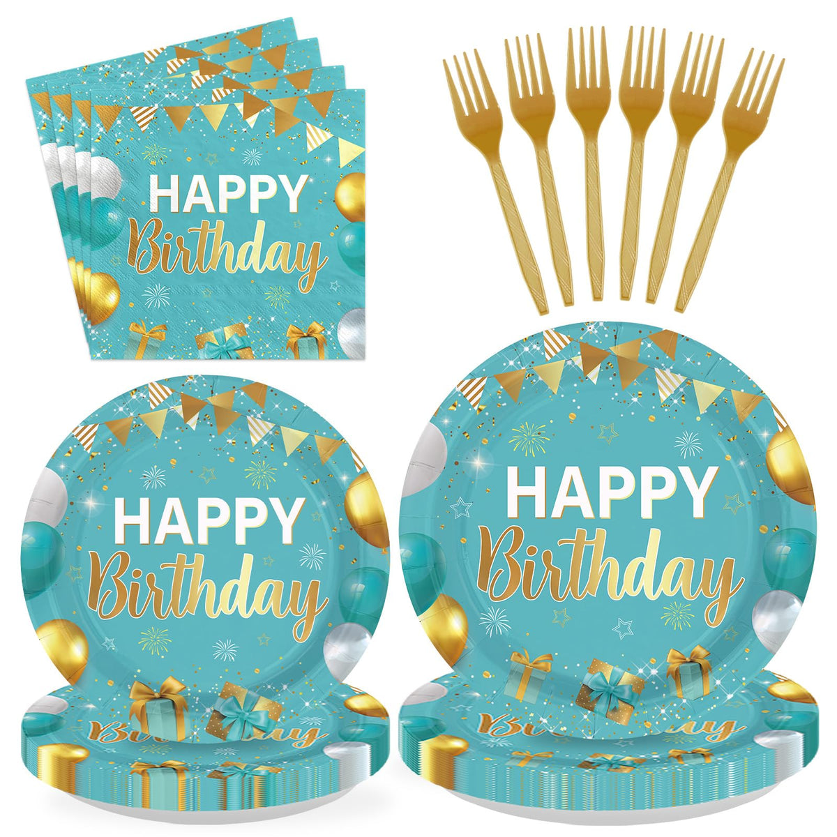 96 Pcs Teal Blue Gold Birthday Party Plates and Napkins