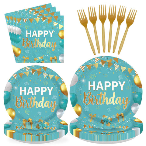 96 Pcs Teal Blue Gold Birthday Party Plates and Napkins