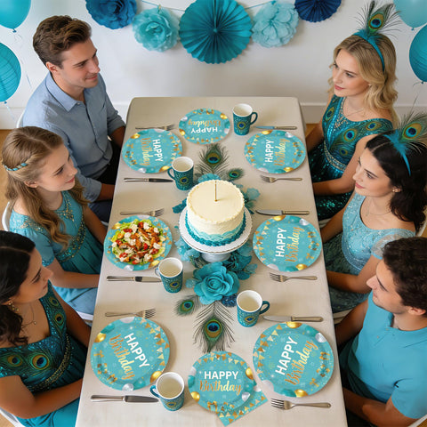 96 Pcs Teal Blue Gold Birthday Party Plates and Napkins