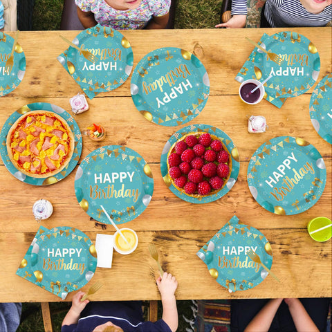 96 Pcs Teal Blue Gold Birthday Party Plates and Napkins