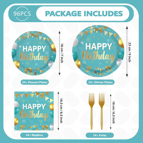 96 Pcs Teal Blue Gold Birthday Party Plates and Napkins