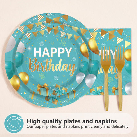 96 Pcs Teal Blue Gold Birthday Party Plates and Napkins
