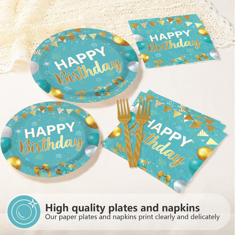 96 Pcs Teal Blue Gold Birthday Party Plates and Napkins