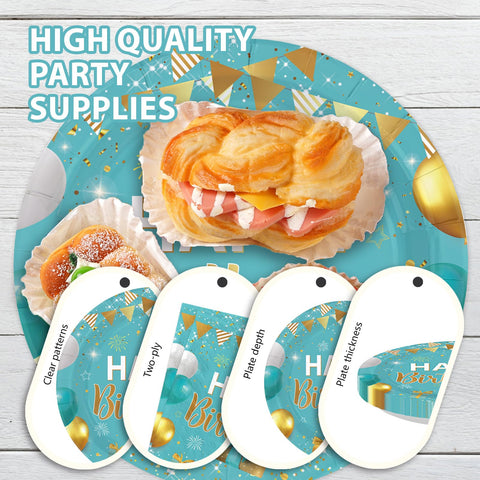 96 Pcs Teal Blue Gold Birthday Party Plates and Napkins