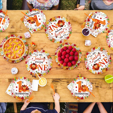 96 Pcs Thanksgiving 1st Birthday Party Plates and Napkins - Grencian