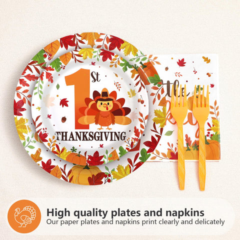 96 Pcs Thanksgiving 1st Birthday Party Plates and Napkins - Grencian