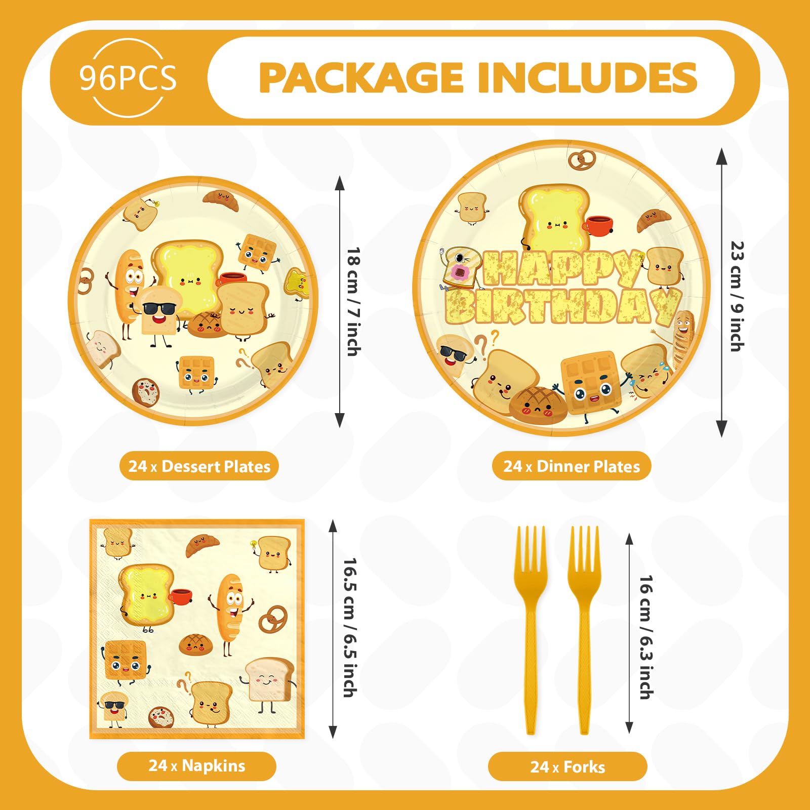 96 Pcs Toast Bread Birthday Party Plates and Napkins - Grencian