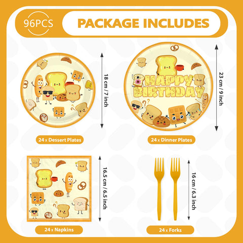 96 Pcs Toast Bread Birthday Party Plates and Napkins - Grencian