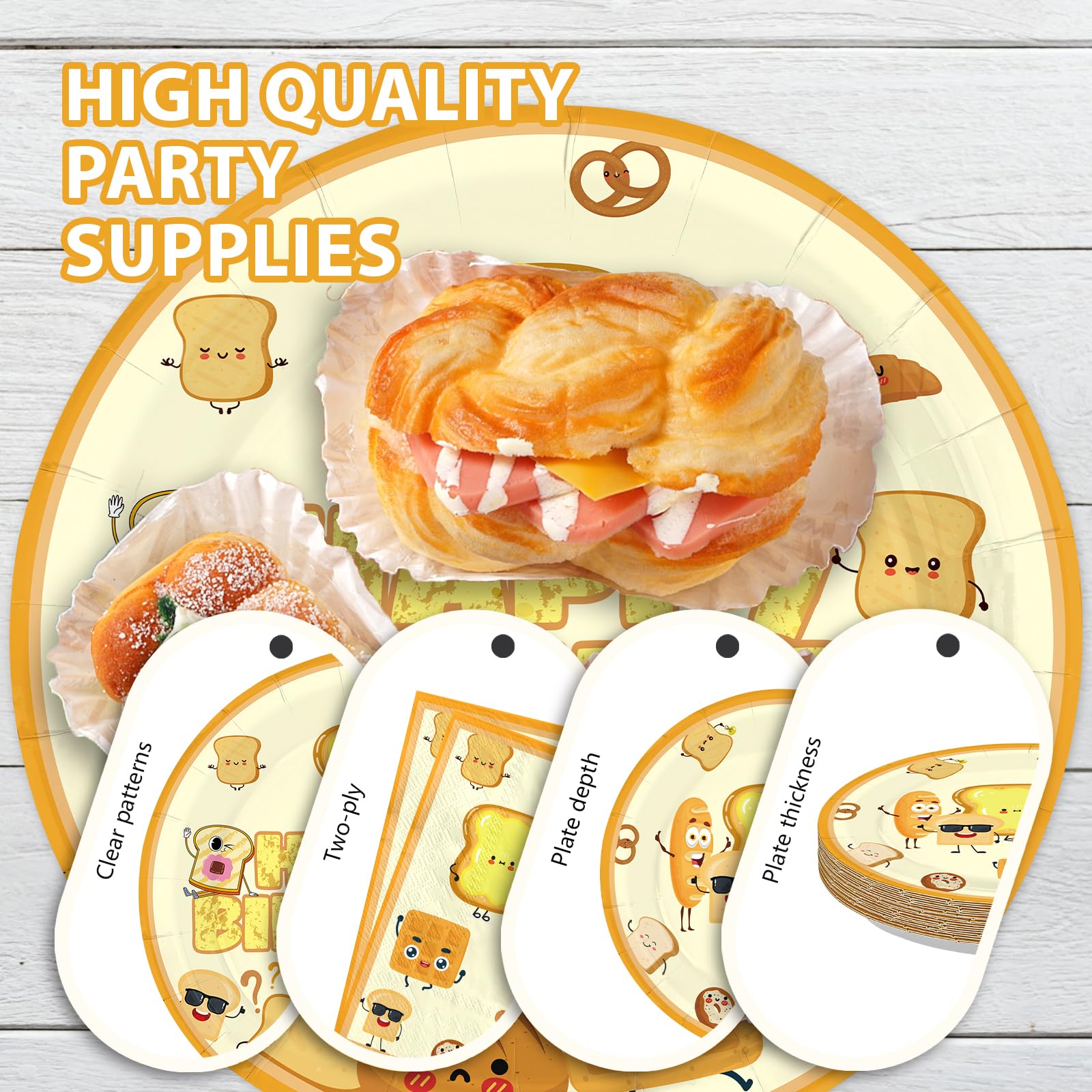 96 Pcs Toast Bread Birthday Party Plates and Napkins - Grencian