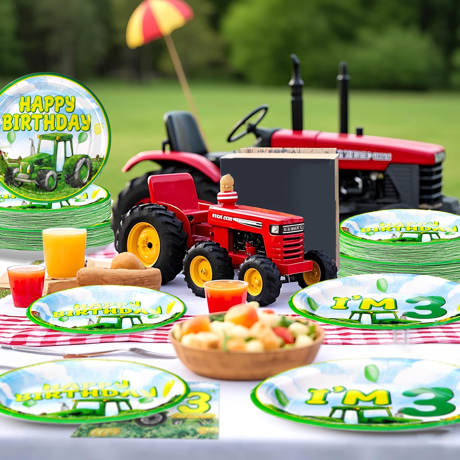 96 Pcs Tractor 3rd Birthday Party Plates and Napkins - Grencian