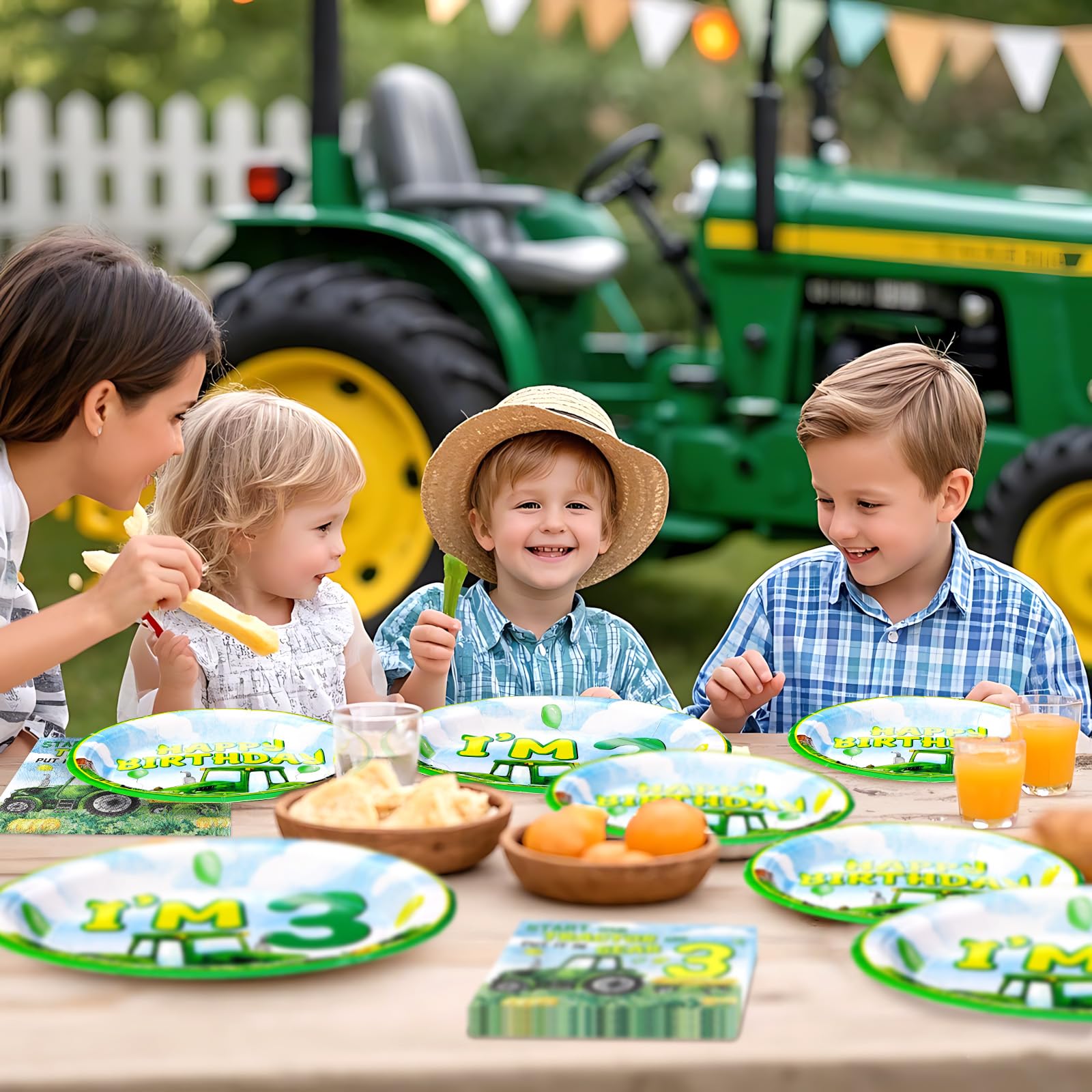 96 Pcs Tractor 3rd Birthday Party Plates and Napkins - Grencian