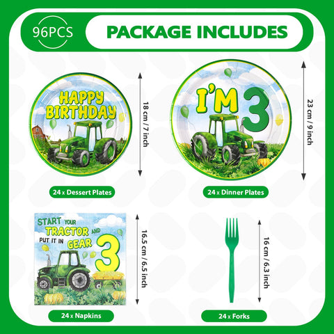 96 Pcs Tractor 3rd Birthday Party Plates and Napkins - Grencian