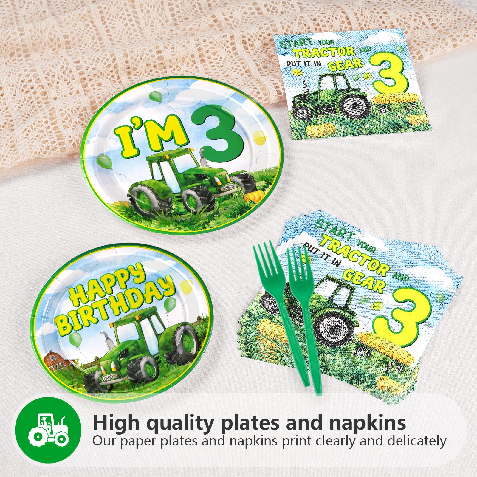 96 Pcs Tractor 3rd Birthday Party Plates and Napkins - Grencian