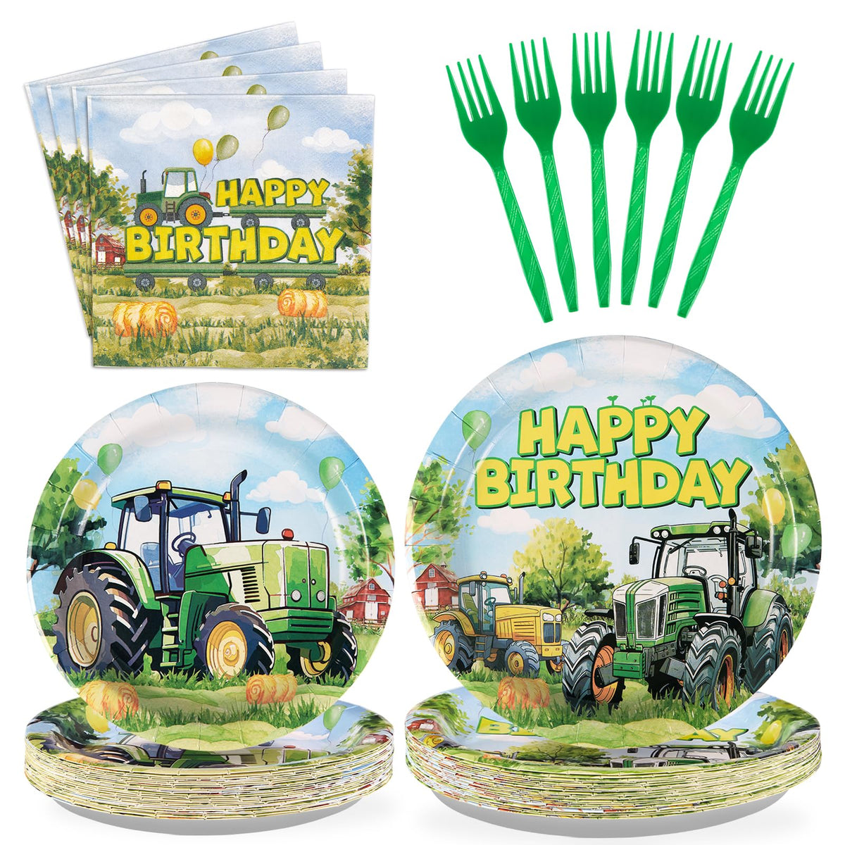 96 Pcs Tractor Birthday Party Plates and Napkins - Grencian