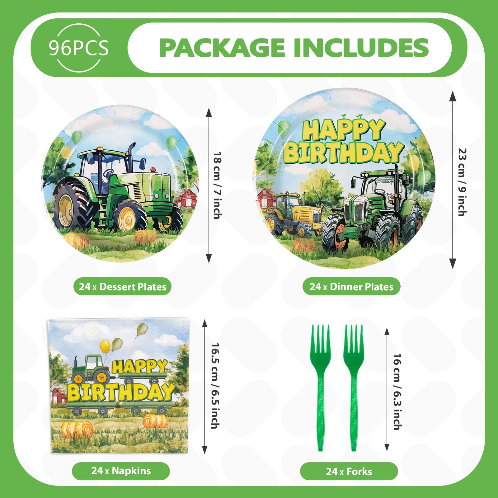 96 Pcs Tractor Birthday Party Plates and Napkins - Grencian