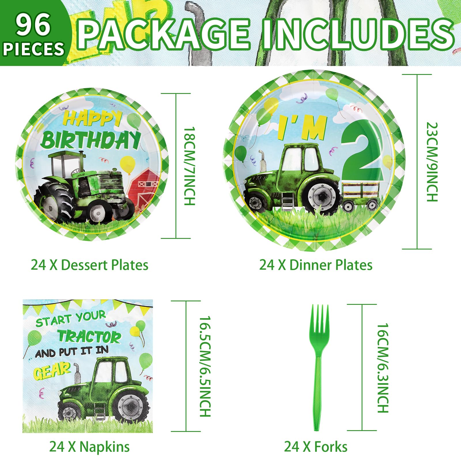 96 Pcs Tractor Birthday Party Plates and Napkins - Grencian