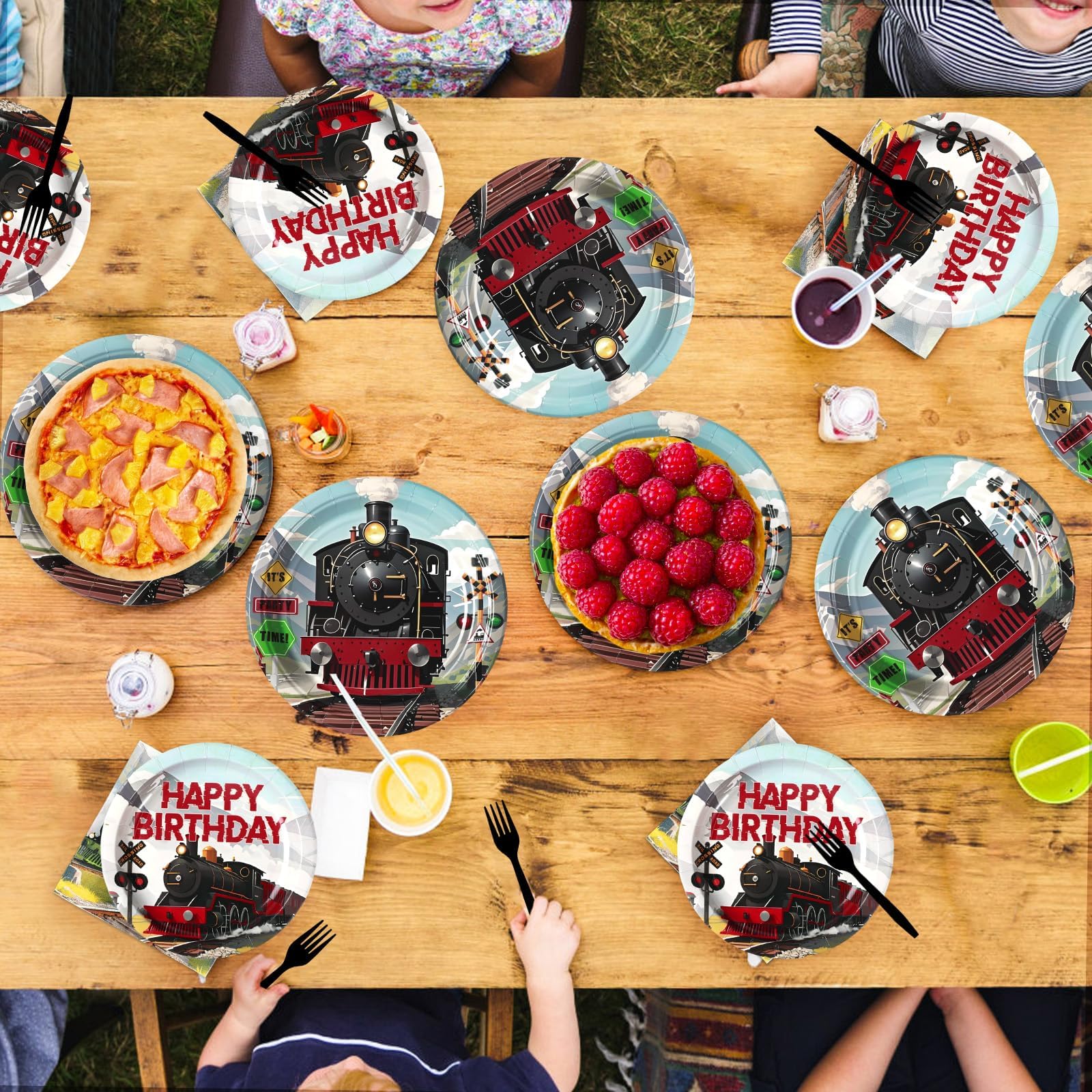 96 Pcs Train Birthday Party Plates and Napkins - Grencian