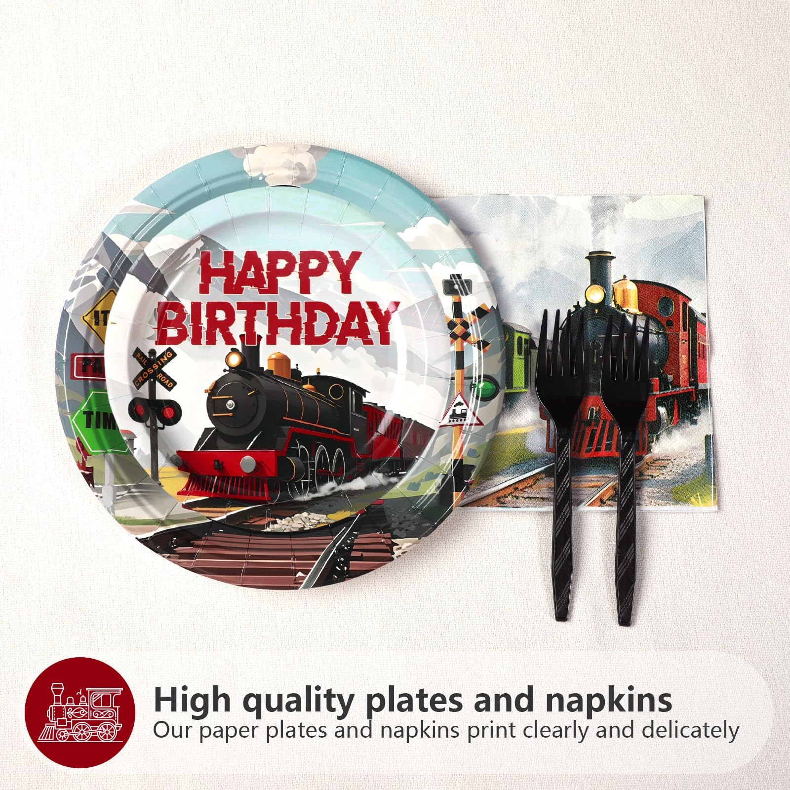 96 Pcs Train Birthday Party Plates and Napkins - Grencian