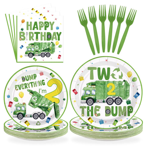 96 Pcs Trash Truck 2nd Birthday Party Plates and Napkins - Grencian
