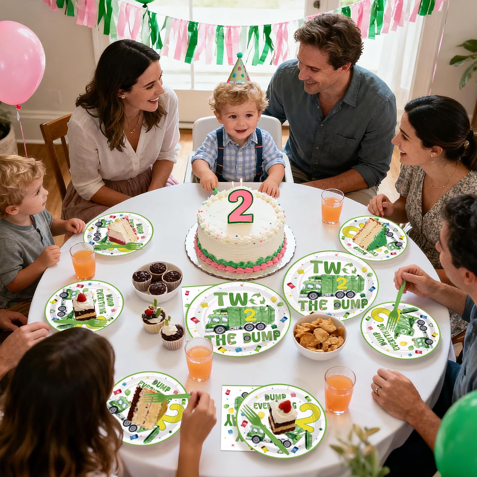 96 Pcs Trash Truck 2nd Birthday Party Plates and Napkins - Grencian