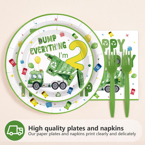 96 Pcs Trash Truck 2nd Birthday Party Plates and Napkins - Grencian