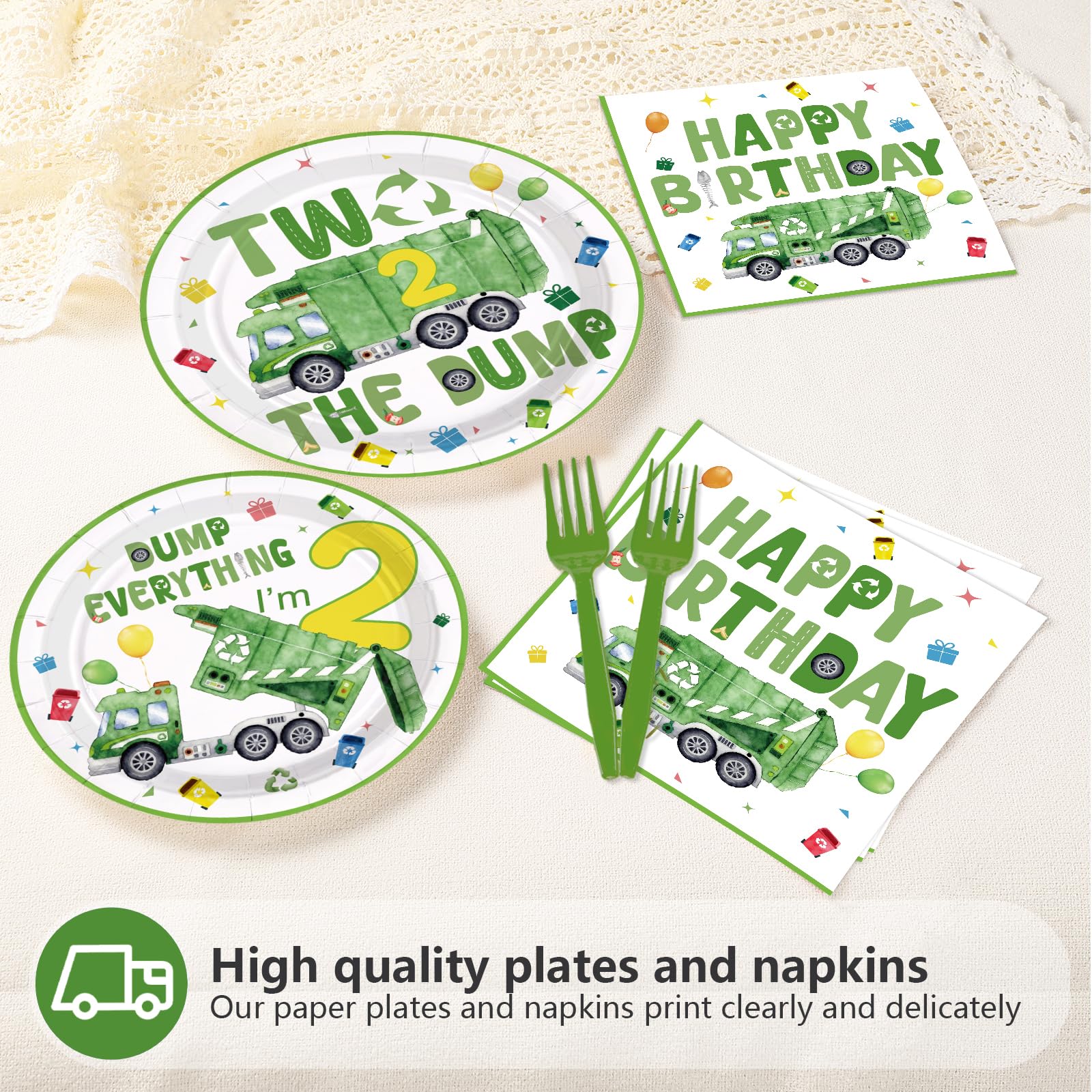 96 Pcs Trash Truck 2nd Birthday Party Plates and Napkins - Grencian