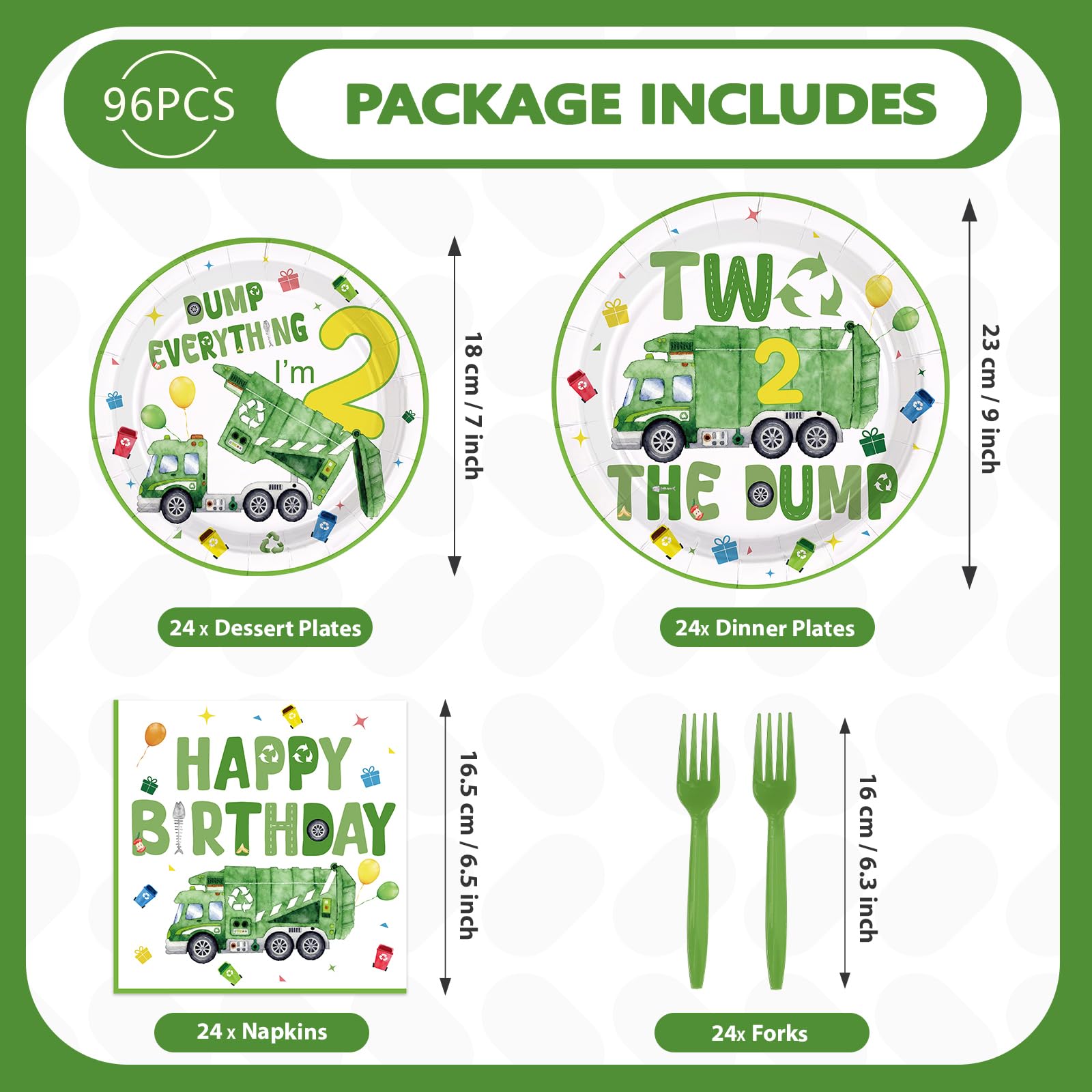 96 Pcs Trash Truck 2nd Birthday Party Plates and Napkins - Grencian