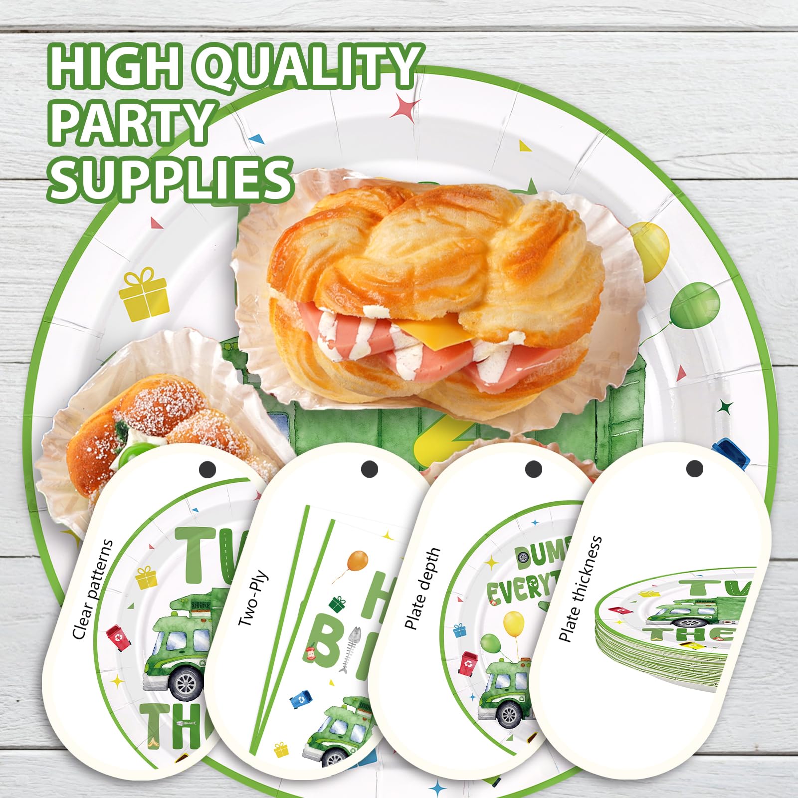 96 Pcs Trash Truck 2nd Birthday Party Plates and Napkins - Grencian