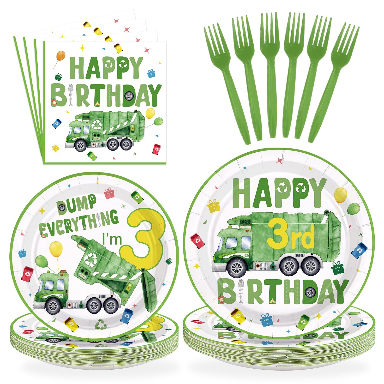 96 Pcs Trash Truck 3rd Birthday Party Plates and Napkins - Grencian
