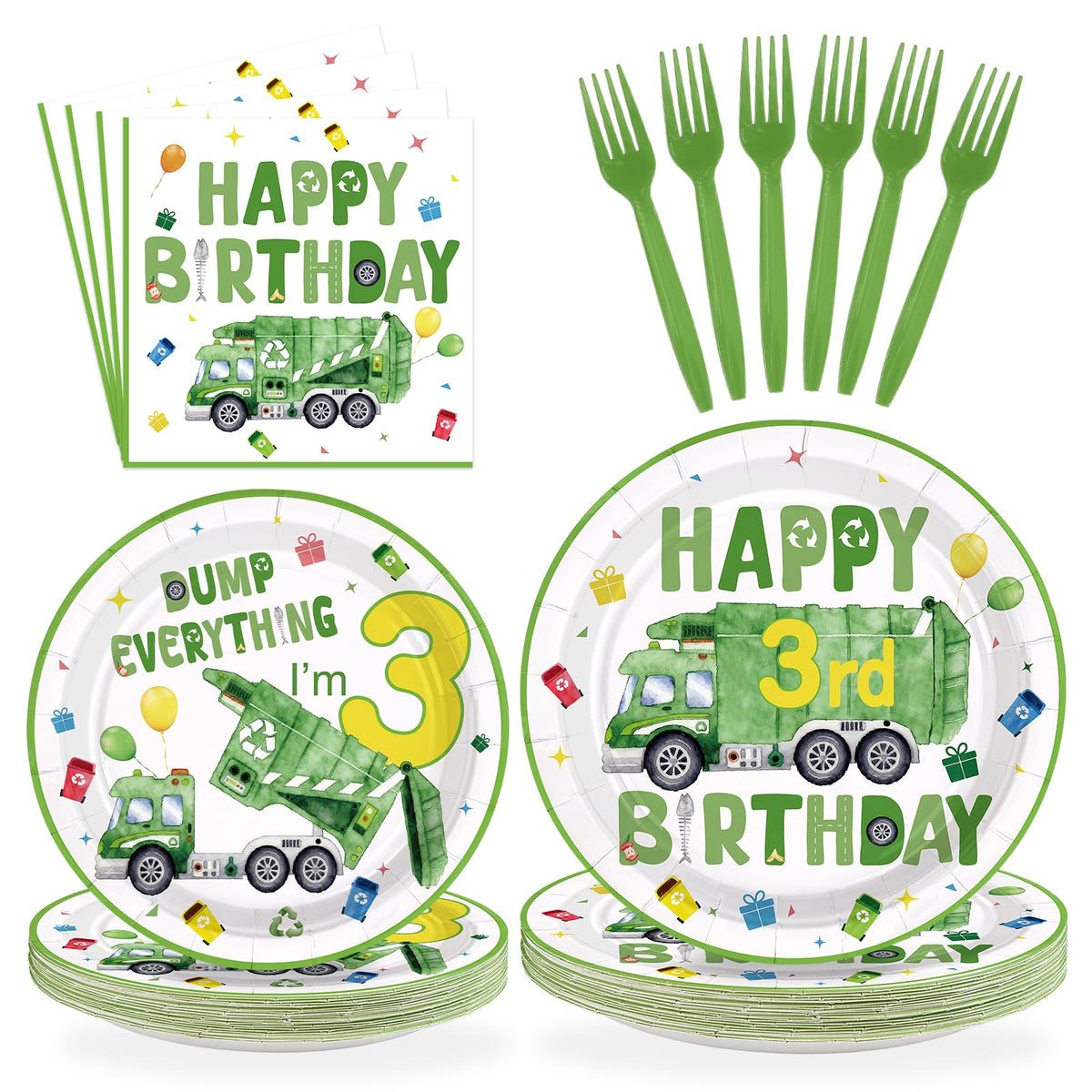 96 Pcs Trash Truck 3rd Birthday Party Plates and Napkins - Grencian