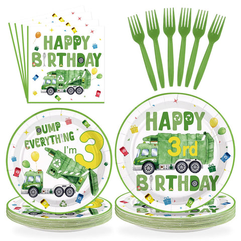 96 Pcs Trash Truck 3rd Birthday Party Plates and Napkins - Grencian