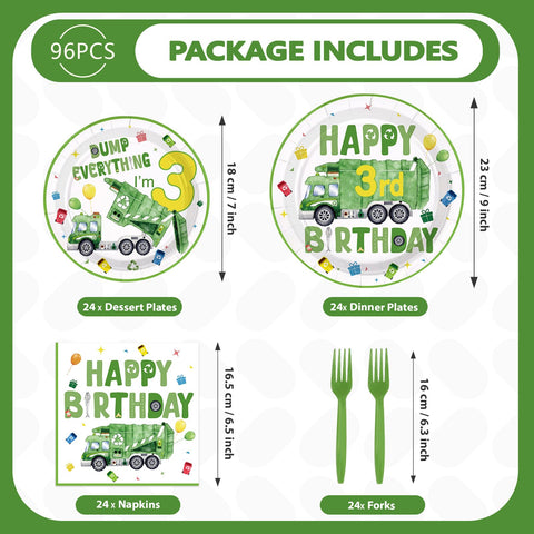 96 Pcs Trash Truck 3rd Birthday Party Plates and Napkins - Grencian