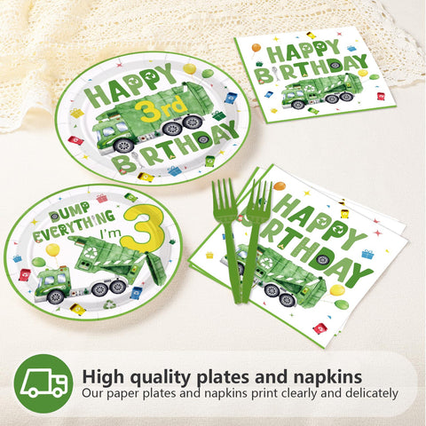 96 Pcs Trash Truck 3rd Birthday Party Plates and Napkins - Grencian