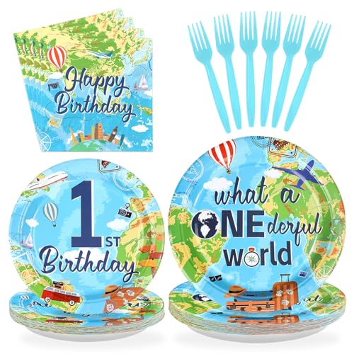 96 Pcs Travel 1st Birthday Party Plates and Napkins - Grencian