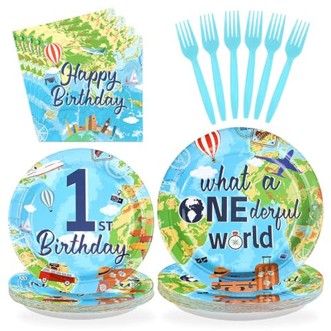96 Pcs Travel 1st Birthday Party Plates and Napkins - Grencian