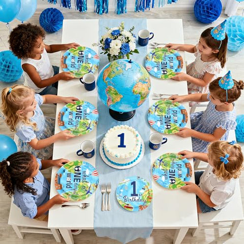 96 Pcs Travel 1st Birthday Party Plates and Napkins - Grencian