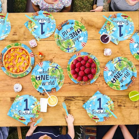 96 Pcs Travel 1st Birthday Party Plates and Napkins - Grencian