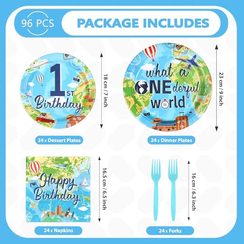 96 Pcs Travel 1st Birthday Party Plates and Napkins - Grencian