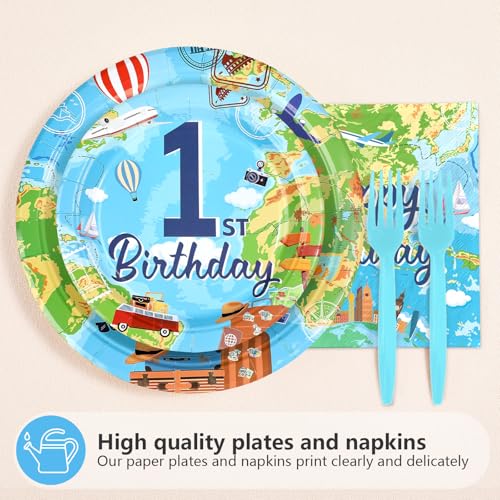 96 Pcs Travel 1st Birthday Party Plates and Napkins - Grencian