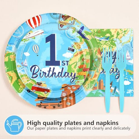 96 Pcs Travel 1st Birthday Party Plates and Napkins - Grencian