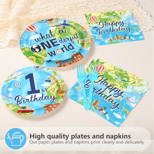 96 Pcs Travel 1st Birthday Party Plates and Napkins - Grencian