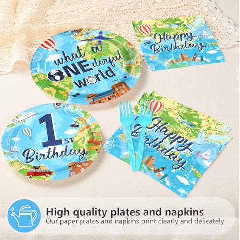 96 Pcs Travel 1st Birthday Party Plates and Napkins - Grencian