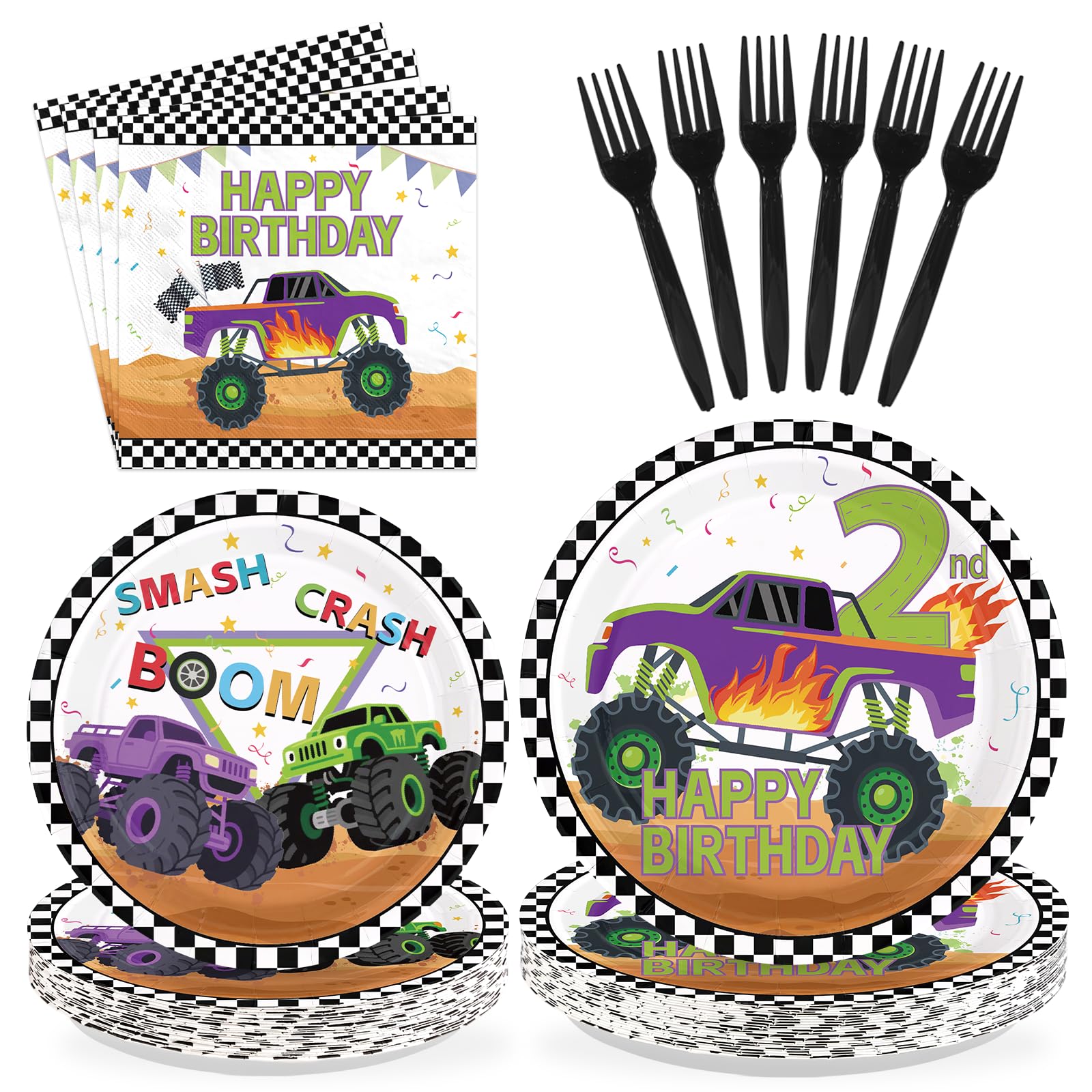 96 Pcs Truck 2nd Birthday Party Plates and Napkins - Grencian